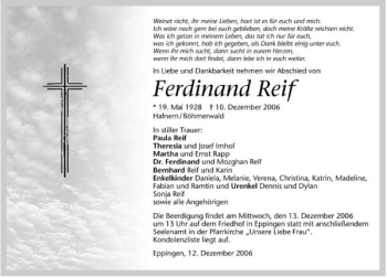 Traueranzeige von Ferdinand Reif 