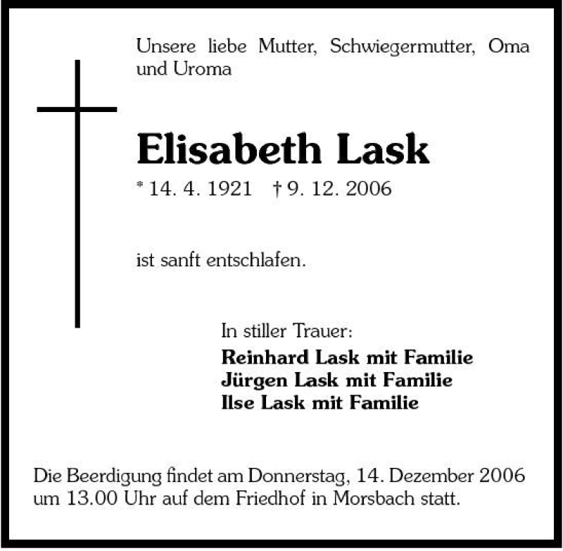  Traueranzeige für Elisabeth Lask vom 12.12.2006 aus 