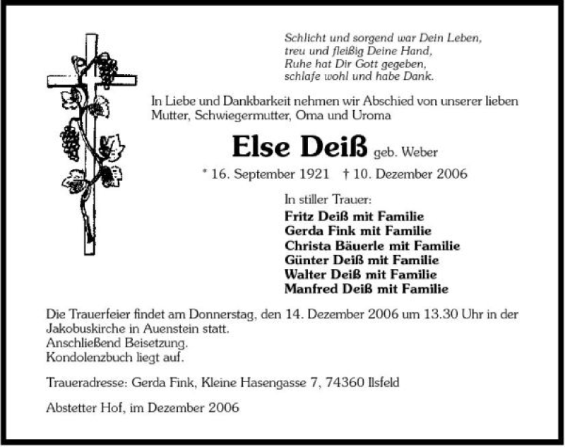  Traueranzeige für Else Deiß vom 12.12.2006 aus 