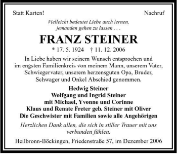 Traueranzeige von Franz Steiner 