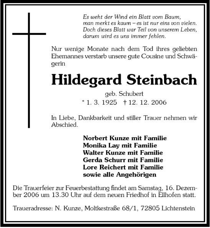  Traueranzeige für Hildegard Steinbach vom 14.12.2006 aus 