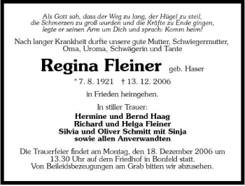 Traueranzeige von Regina Fleiner 
