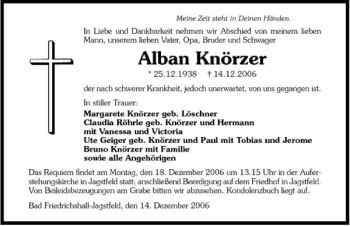 Traueranzeige von Alban Knörzer 