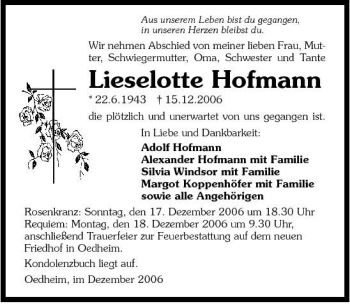 Traueranzeige von Lieselotte Hofmann 