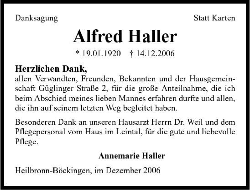  Traueranzeige für Alfred Haller vom 30.12.2006 aus 