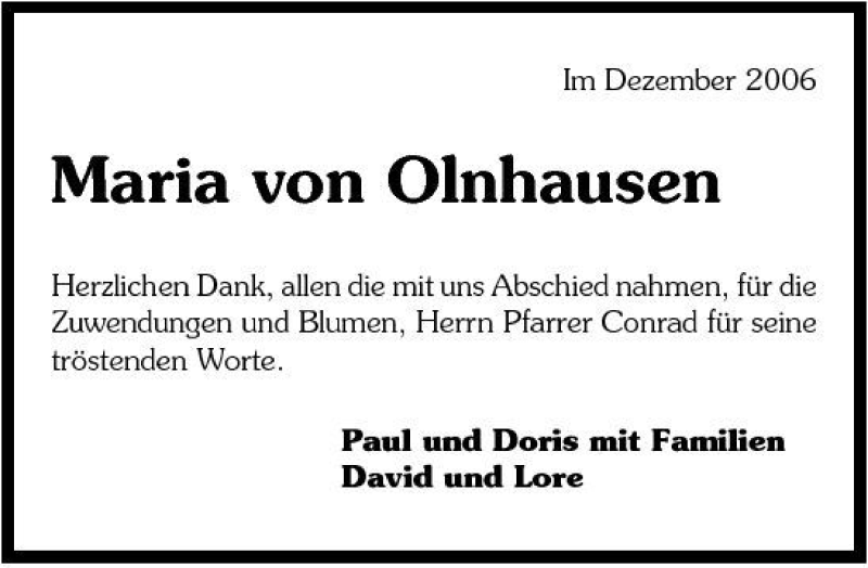  Traueranzeige für Maria von Olnhausen vom 16.12.2006 aus 