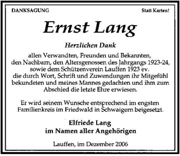 Traueranzeige von Ernst Lang 