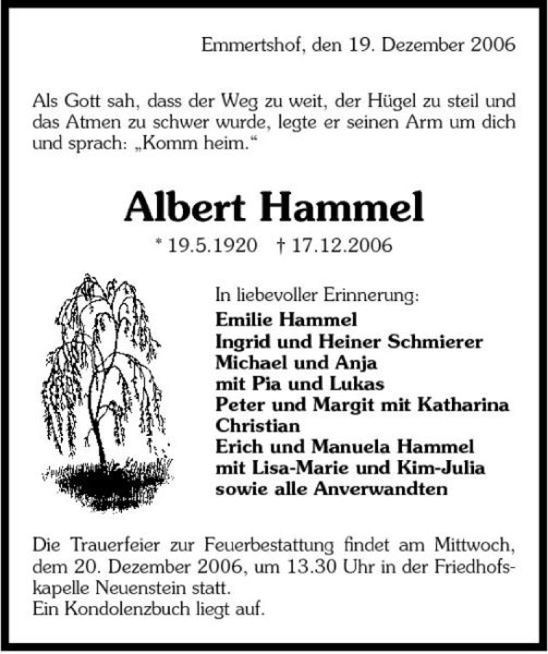  Traueranzeige für Albert Hammel vom 19.12.2006 aus 