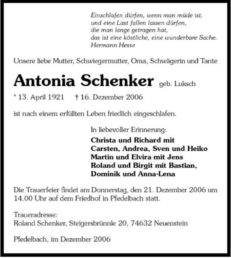  Traueranzeige für Antonia Schenker vom 19.12.2006 aus 