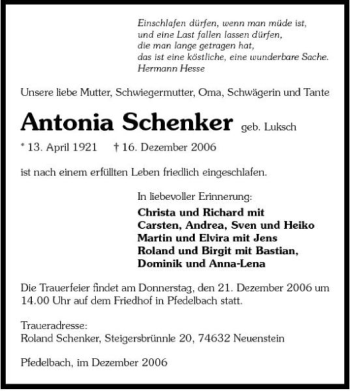 Traueranzeige von Antonia Schenker 