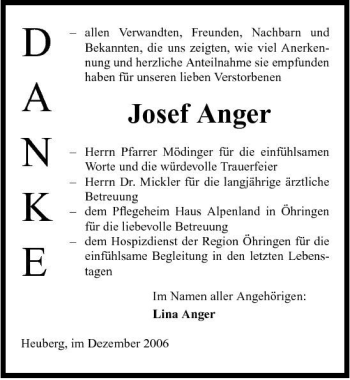 Traueranzeige von Josef Anger 