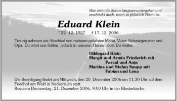 Traueranzeige von Eduard Klein 