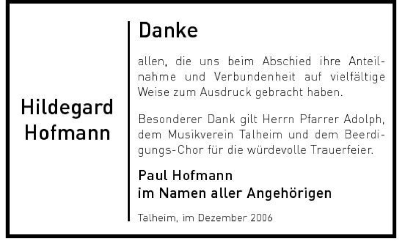  Traueranzeige für Hildegard Hofmann vom 19.12.2006 aus 