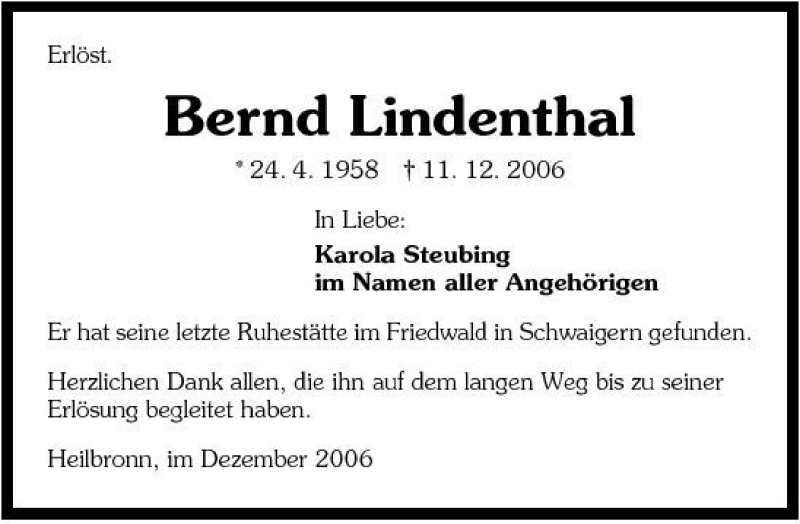  Traueranzeige für Bernd Lindenthal vom 22.12.2006 aus 