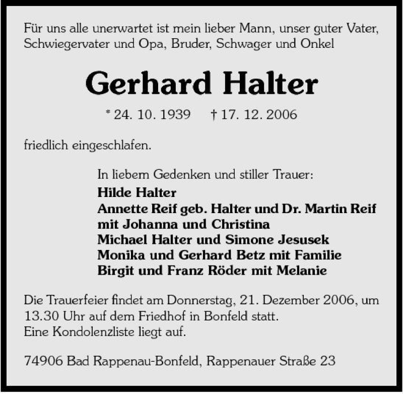  Traueranzeige für Gerhard Halter vom 20.12.2006 aus 