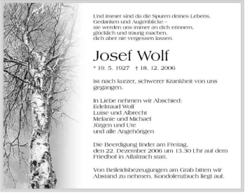 Traueranzeige von Josef Wolf 