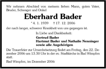 Traueranzeige von Eberhard Bader 