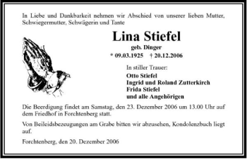 Traueranzeige von Lina Stiefel 