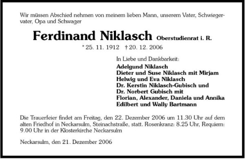  Traueranzeige für Ferdinand Niklasch vom 21.12.2006 aus 