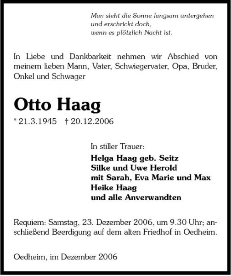  Traueranzeige für Otto Haag vom 22.12.2006 aus 