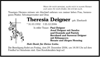 Traueranzeige von Theresia Deigner 