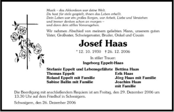 Traueranzeige von Josef Haas 