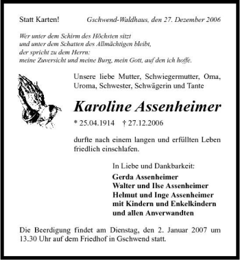 Traueranzeige von Karoline Assenheimer 