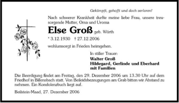 Traueranzeige von Else Groß 