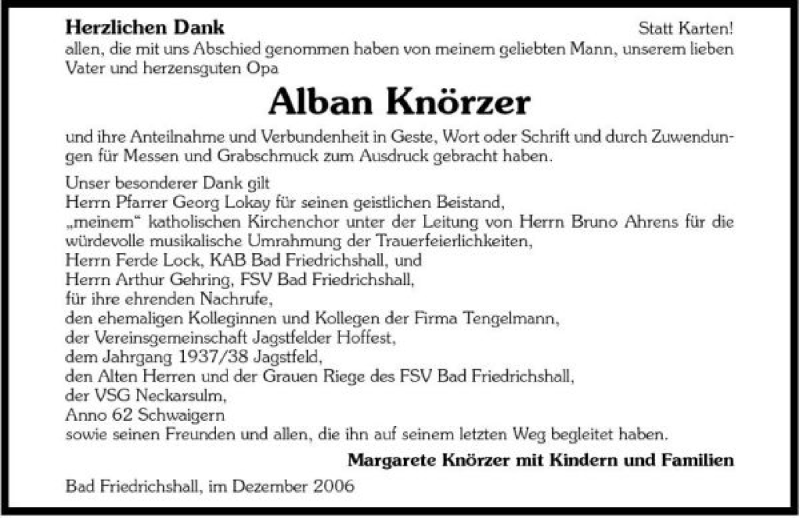  Traueranzeige für Alban Knörzer vom 29.12.2006 aus 