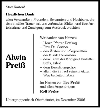 Traueranzeige von Alwin Preiß 
