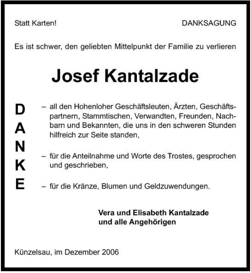  Traueranzeige für Josef Kantalzade vom 30.12.2006 aus 