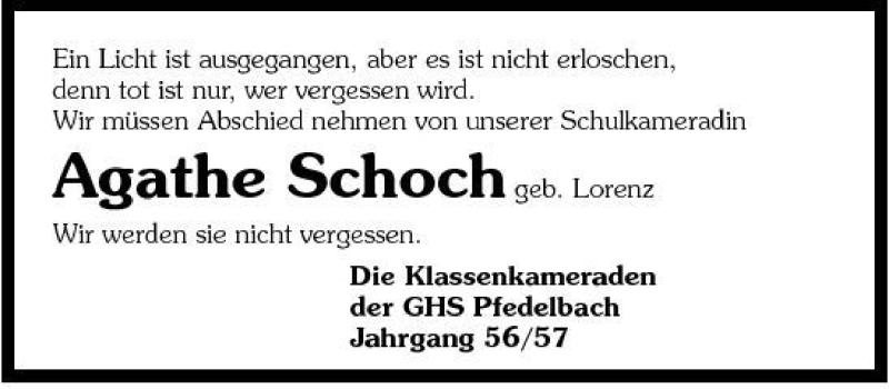  Traueranzeige für Agathe Schoch vom 29.12.2006 aus 