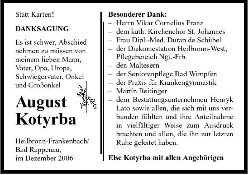  Traueranzeige für August Kotyrba vom 29.12.2006 aus 