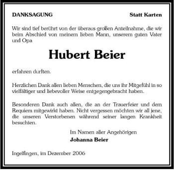 Traueranzeige von Hubert Beier 