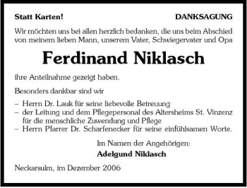Traueranzeige von Ferdinand Niklasch 
