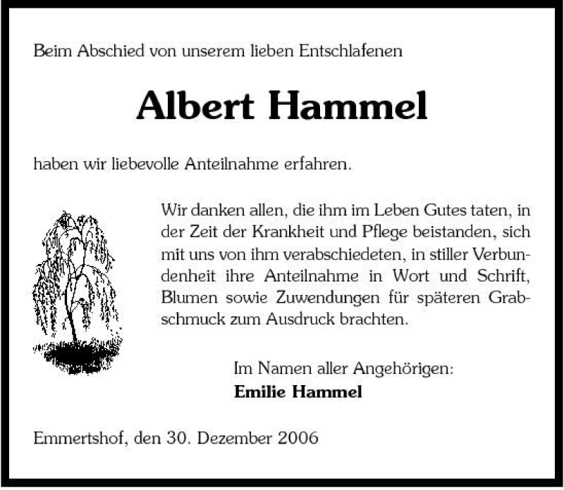  Traueranzeige für Albert Hammel vom 30.12.2006 aus 