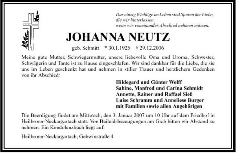  Traueranzeige für Johanna Neutz vom 30.12.2006 aus 