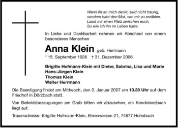 Traueranzeige von Anna Klein 