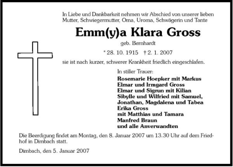  Traueranzeige für Emm(y)a Klara Gross vom 05.01.2007 aus 
