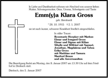 Traueranzeige von Emm(y)a Klara Gross 