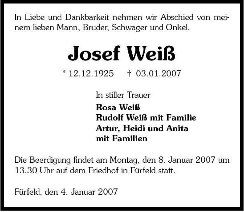  Traueranzeige für Josef Weiß vom 05.01.2007 aus 