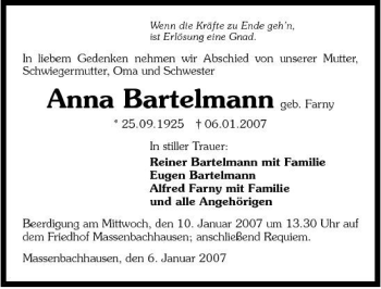 Traueranzeige von Anna Bartelmann 