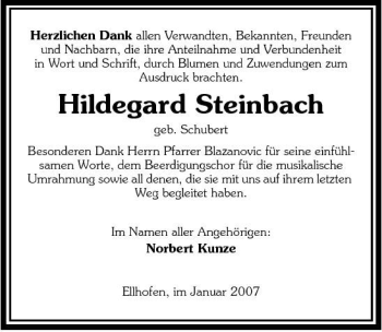 Traueranzeige von Hildegard Steinbach 