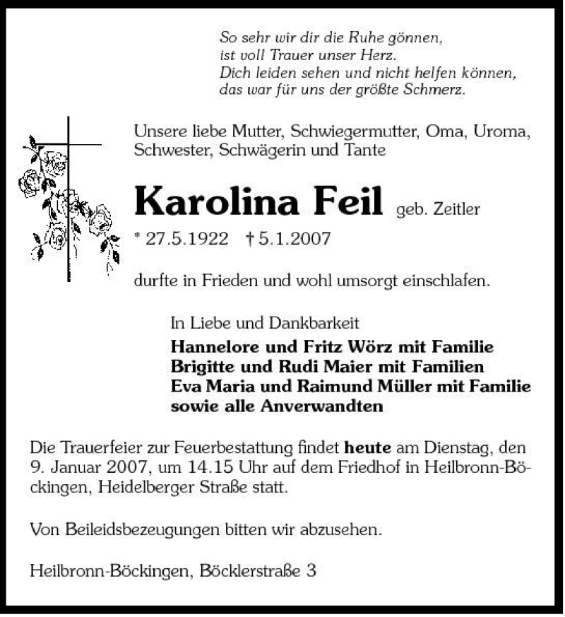  Traueranzeige für Karolina Feil vom 09.01.2007 aus 