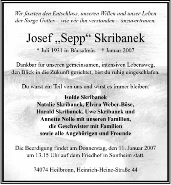 Traueranzeige von Josef Skribanek 