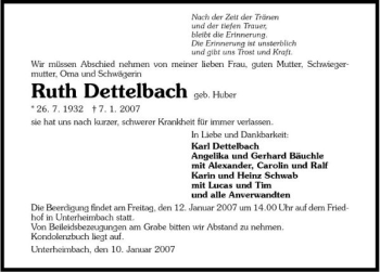 Traueranzeige von Ruth Dettelbach 