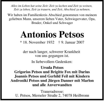 Traueranzeige von Antonios Petsos 