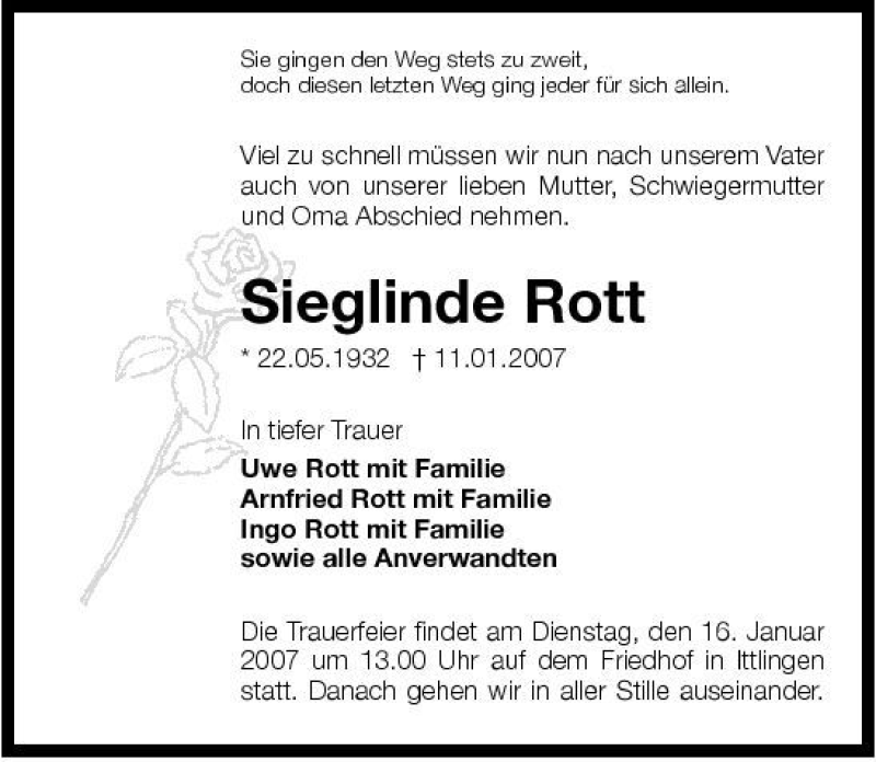  Traueranzeige für Sieglinde Rott vom 13.01.2007 aus 