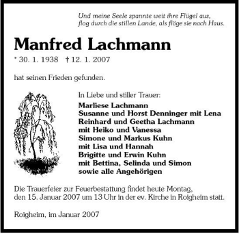 Traueranzeige von Manfred Lachmann 