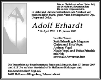 Traueranzeige von Adolf Erhardt 